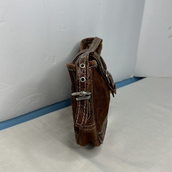 Croc Embossed brown 100% leather shoulder bag - Picture 2 of 8